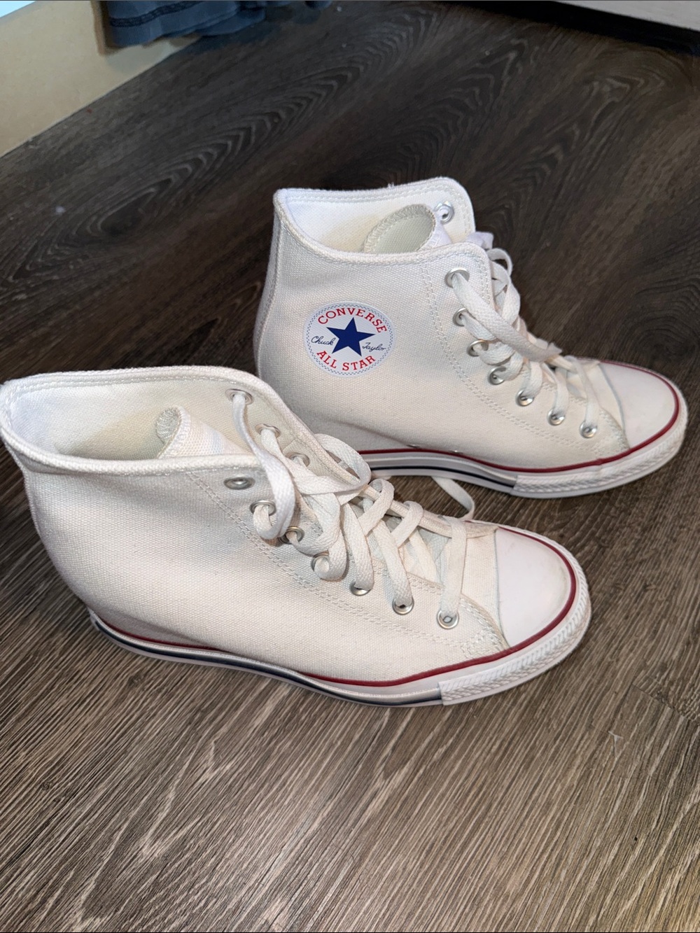 Converse White High Top Sneakers with Red & Blue Logo Trim